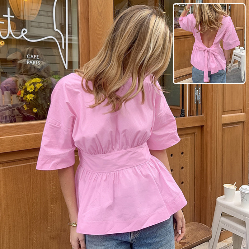 Backless Short Sleeve Top With Bow-tie