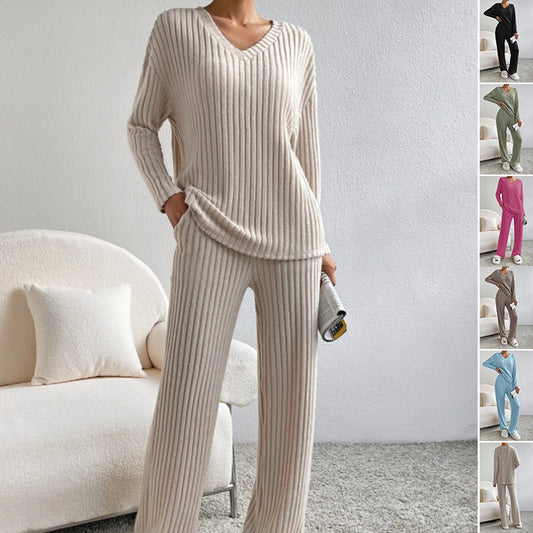 Solid Striped V-neck Long-sleeved Top & Casual Straight Pants Co-ord Set