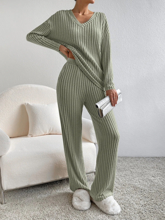 Solid Striped V-neck Long-sleeved Top & Casual Straight Pants Co-ord Set