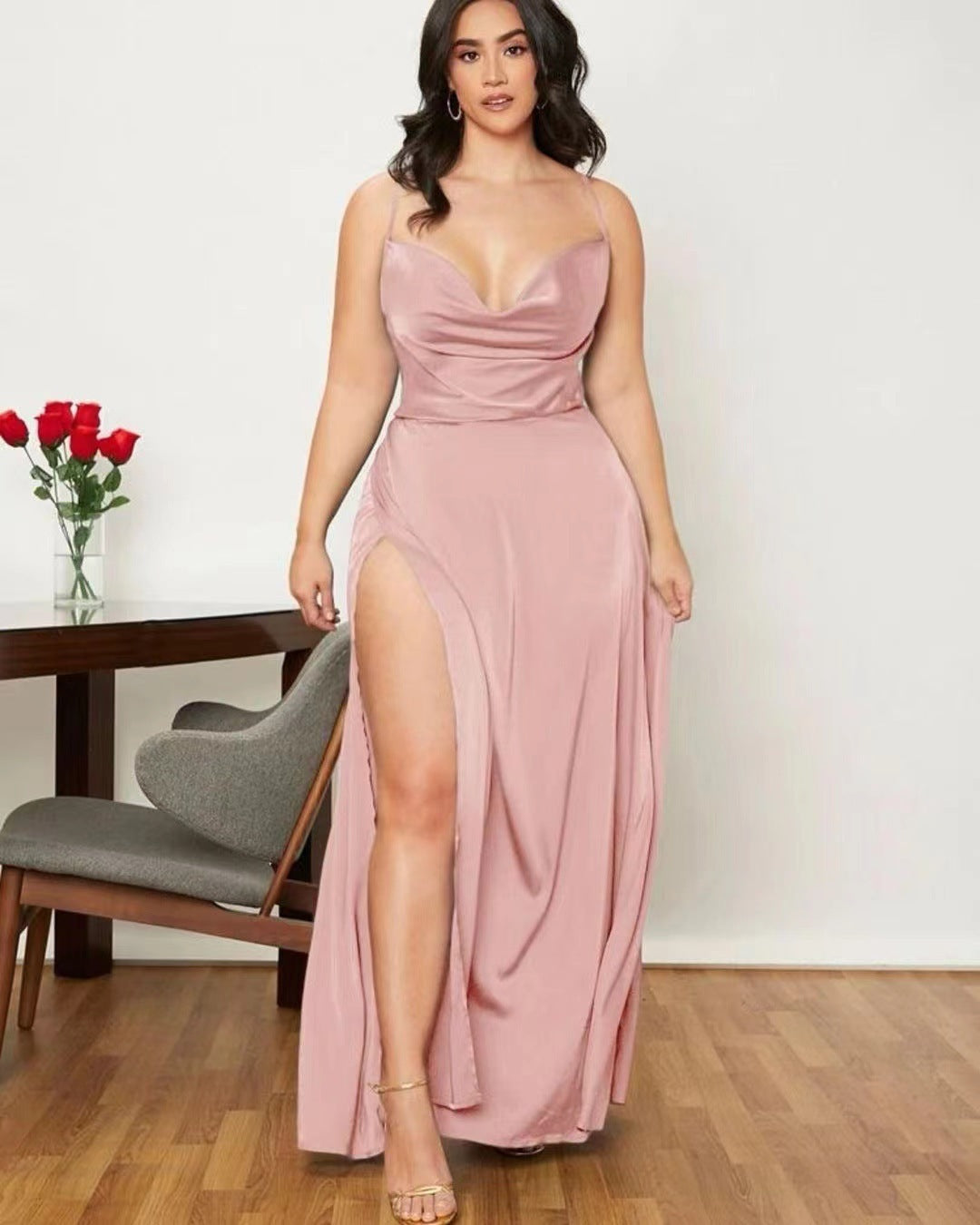 Satin Cowl Neck Wrap Style Gown Dress