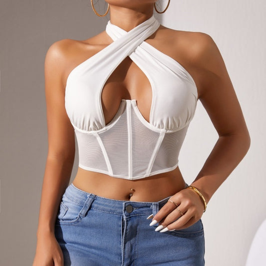 Sheer Mesh Cross-Halter Neck Corset Top