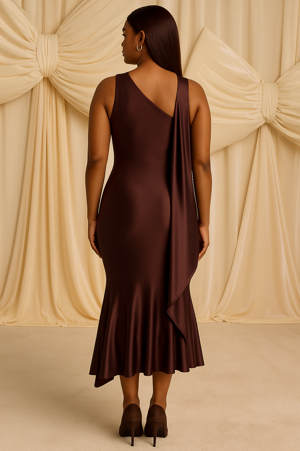 One-Shoulder Satin Mermaid Midi Dress