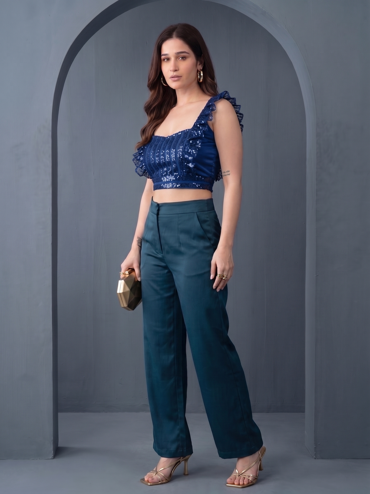 Square Neck Frill Top Blue