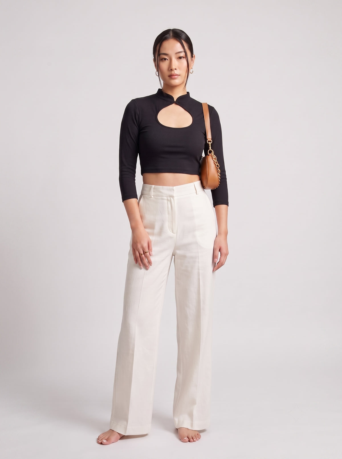 Mandarin Collar Cut-out Crop Top