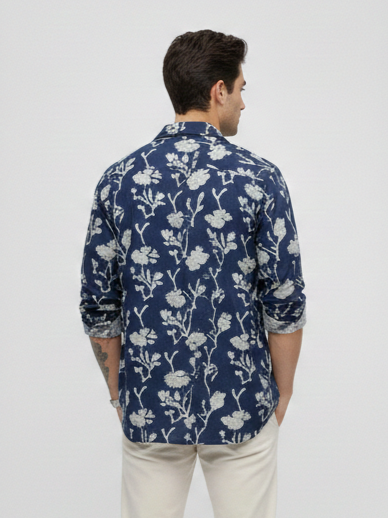 Floral Indigo Long Sleeve Cotton Printed Shirt