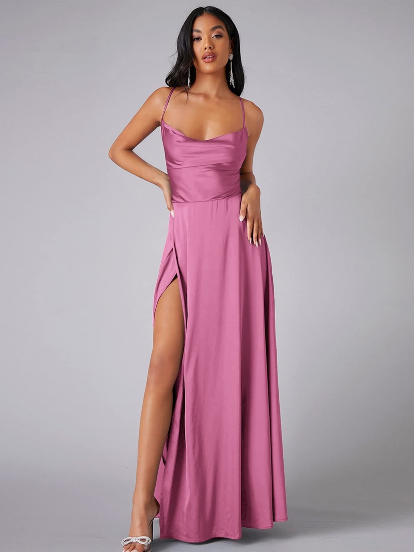 Satin Cowl Neck Wrap Style Gown Dress