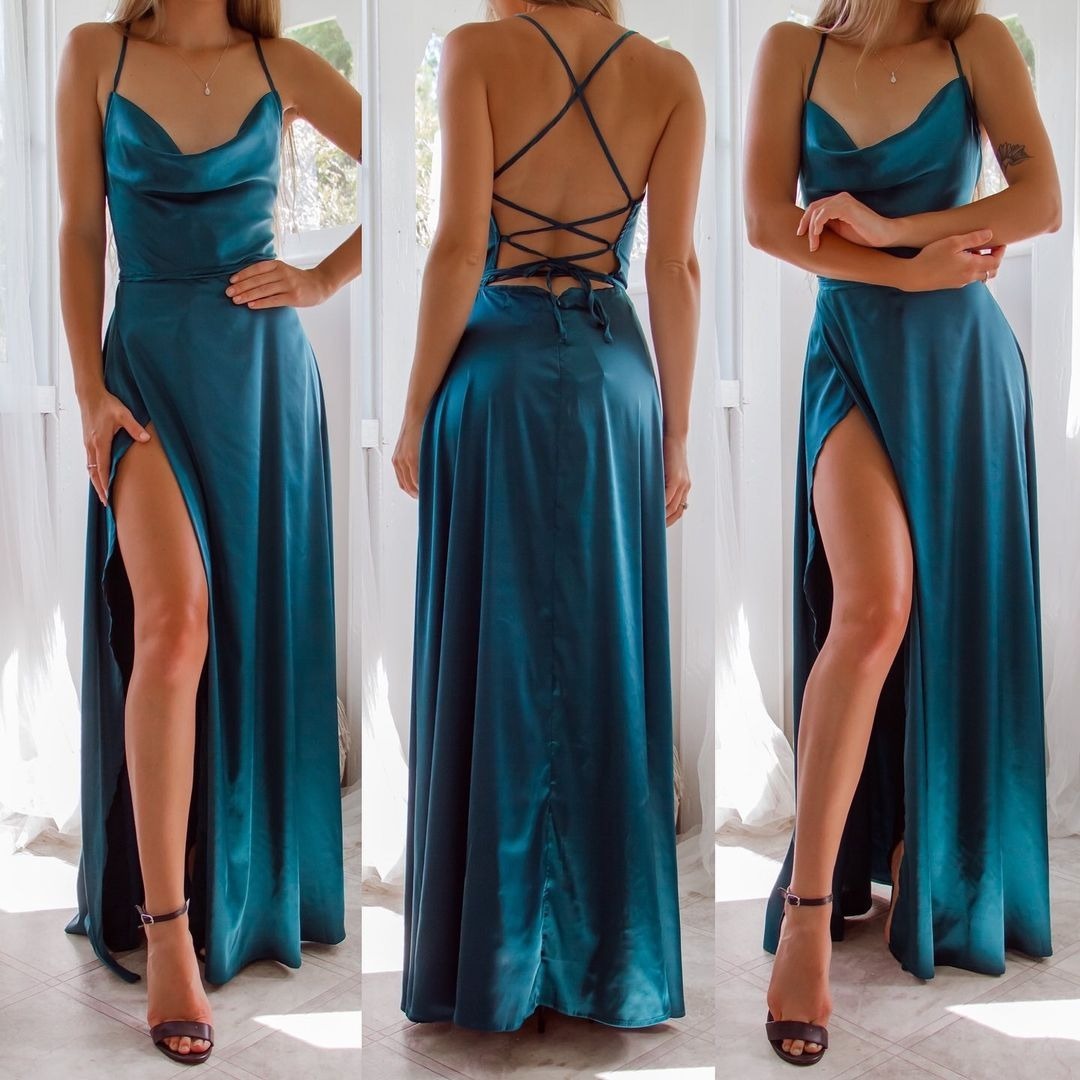 Satin Cowl Neck Wrap Style Gown Dress