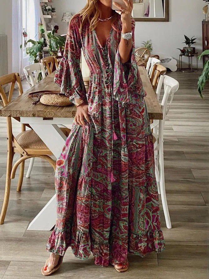 Bohemian Flare Sleeve Printed V-neck High Waist Floral Dress