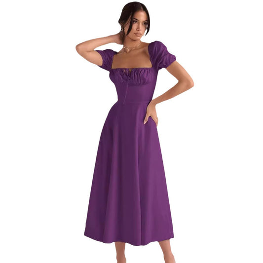 Lace-up Solid Color Puff Sleeve Slit Dress