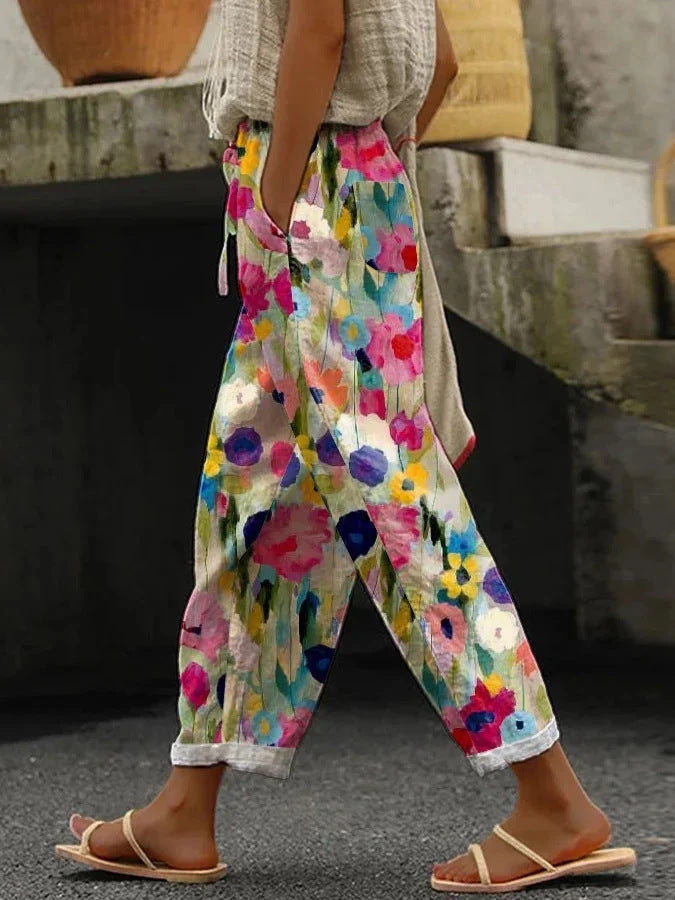 Casual Printed Elastic Waist Cropped Straight Pants with Pocket