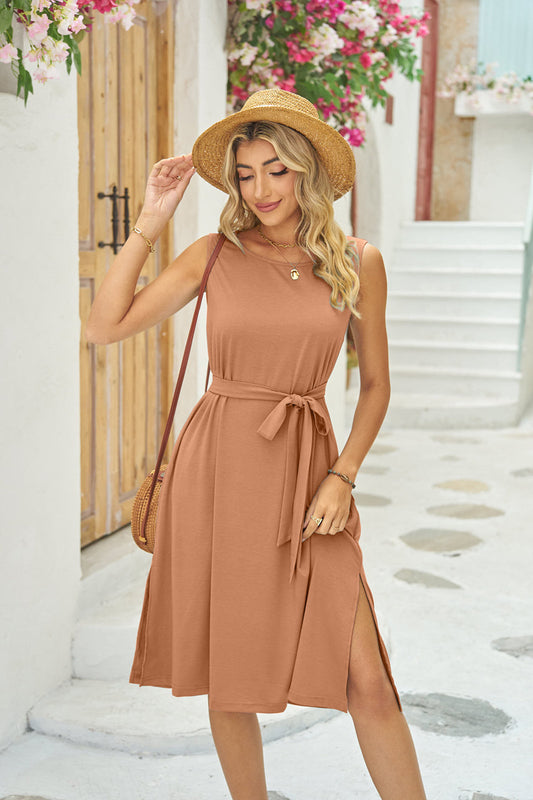 Sleeveless Pockets Waist Lace-up Slit Dress