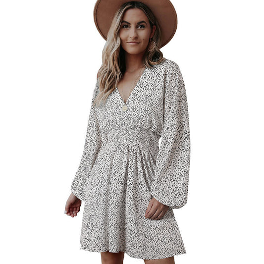 Polka Dot V-neck Long Sleeve Pleated Waist Dress