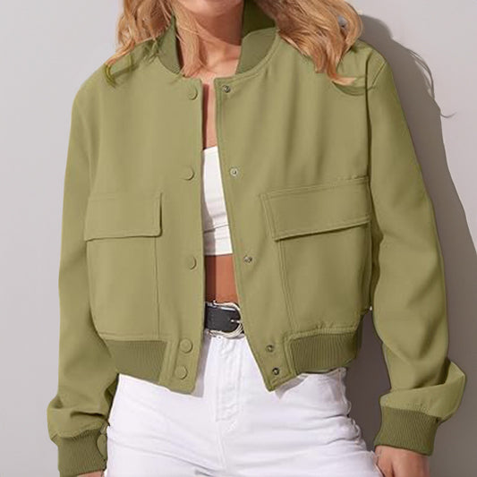 Cropped Button Stand-collar Jacket With Big Pockets