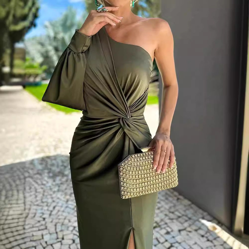 One Shoulder Knot Slit Solid Color Slim Fit Dress
