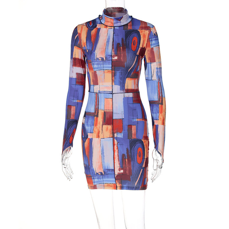 Printed Turtleneck Sheath Dress