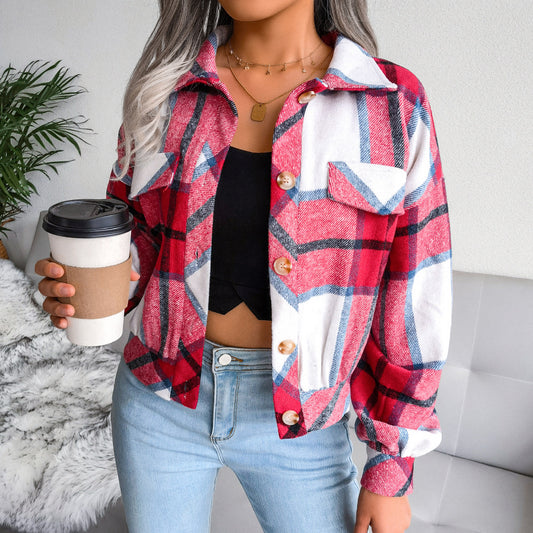 Loose Button Long Sleeve Plaid Lapel Cropped Jacket