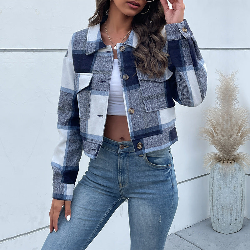 Plaid Lapel Cropped Jacket With Pockets