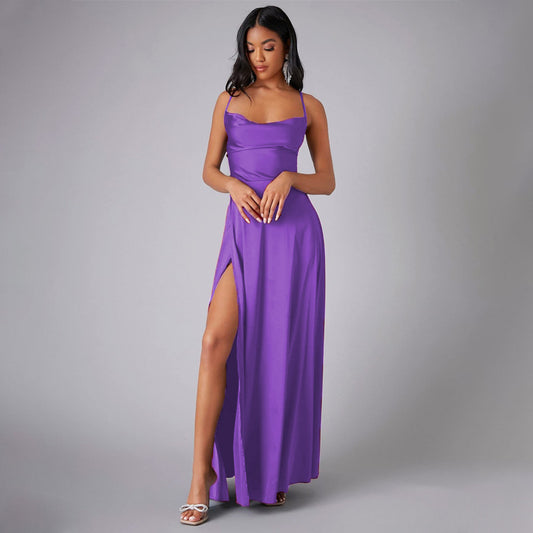 Satin Cowl Neck Wrap Style Gown Dress