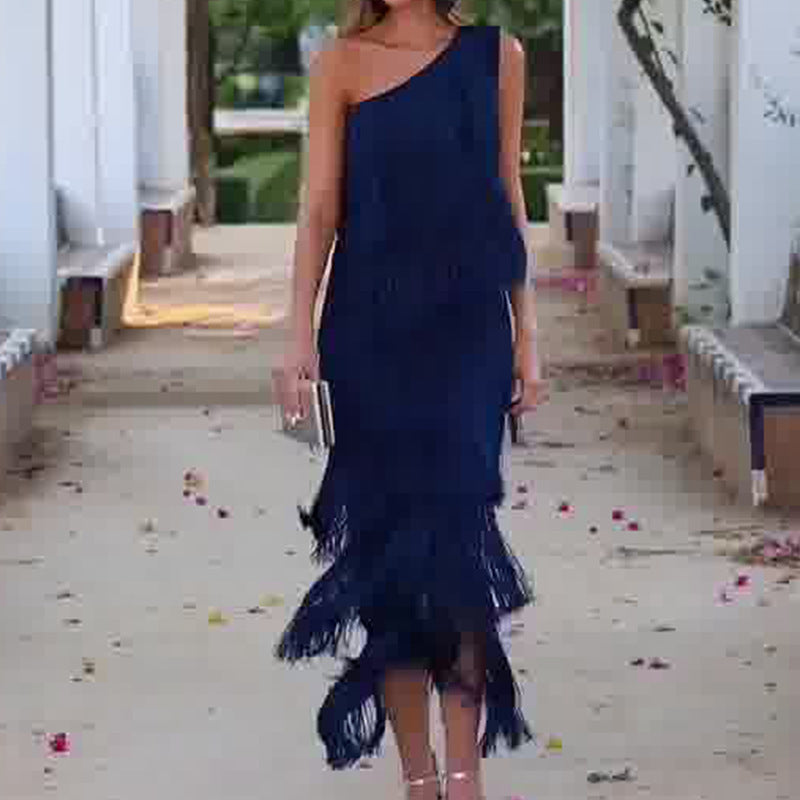 Tassel Tiered One-shoulder Dress