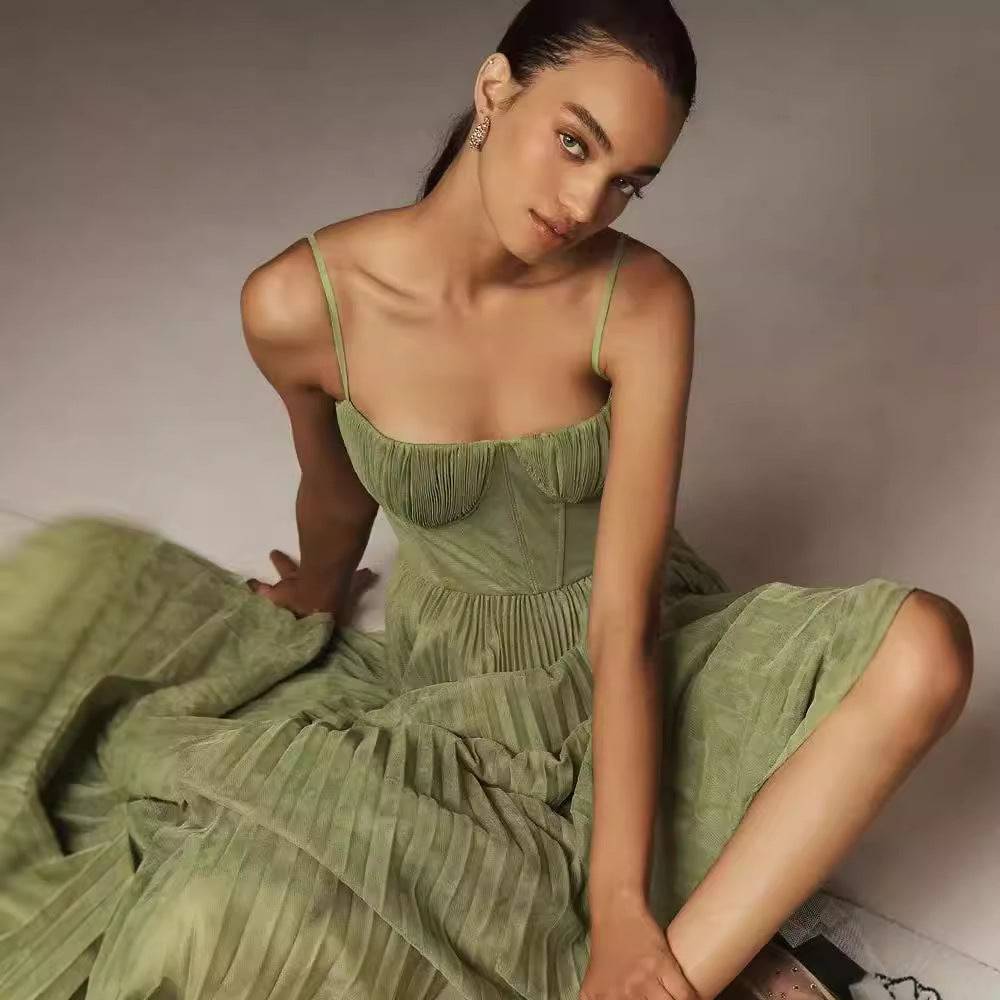 Sling Backless Strappy Midi Pleated Dress