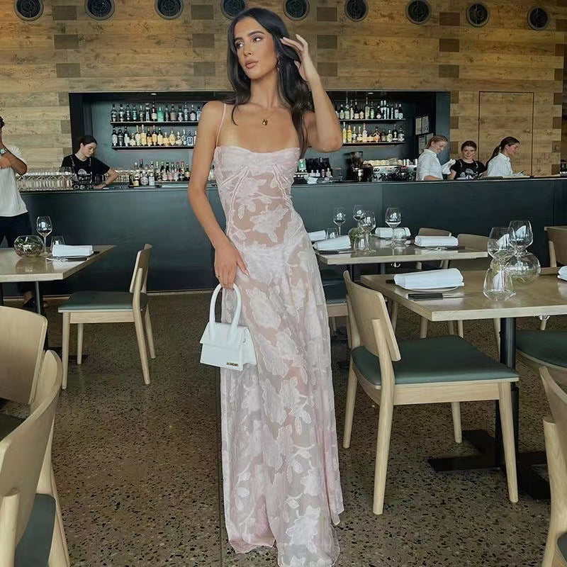 Flowers Lace Back Tie-up Strap Dress