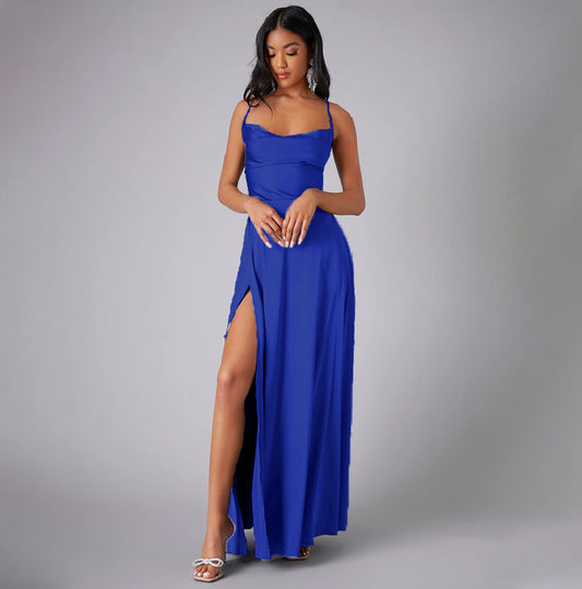 Satin Cowl Neck Wrap Style Gown Dress
