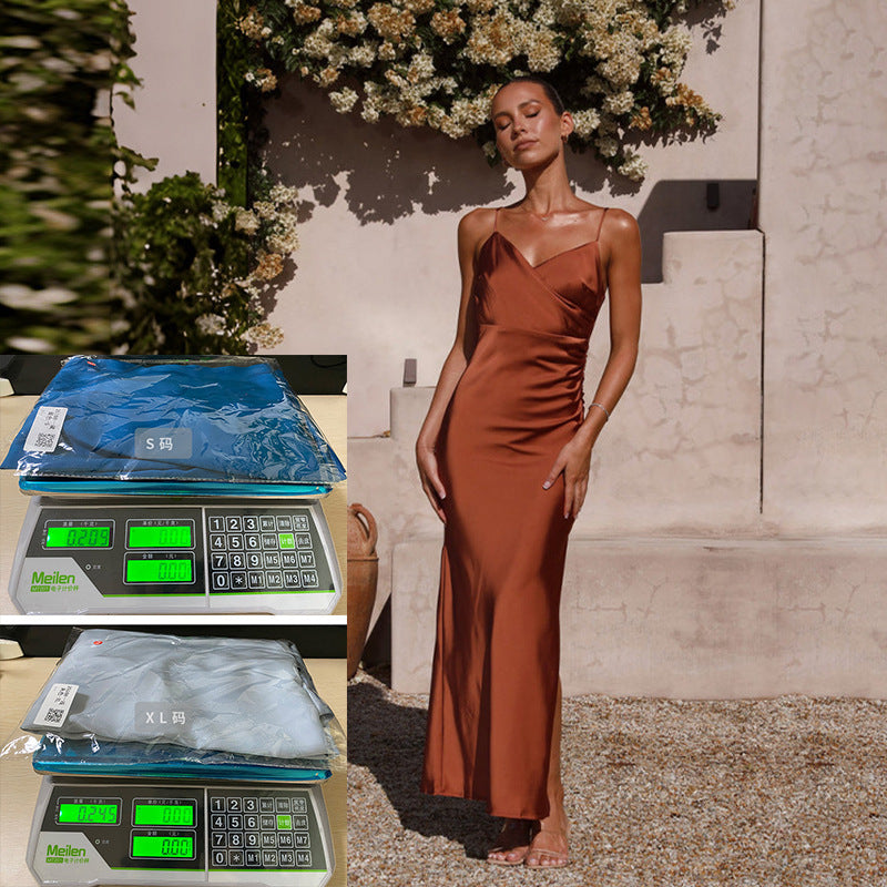 Spaghetti Straps Slit Satin Long Dress Women