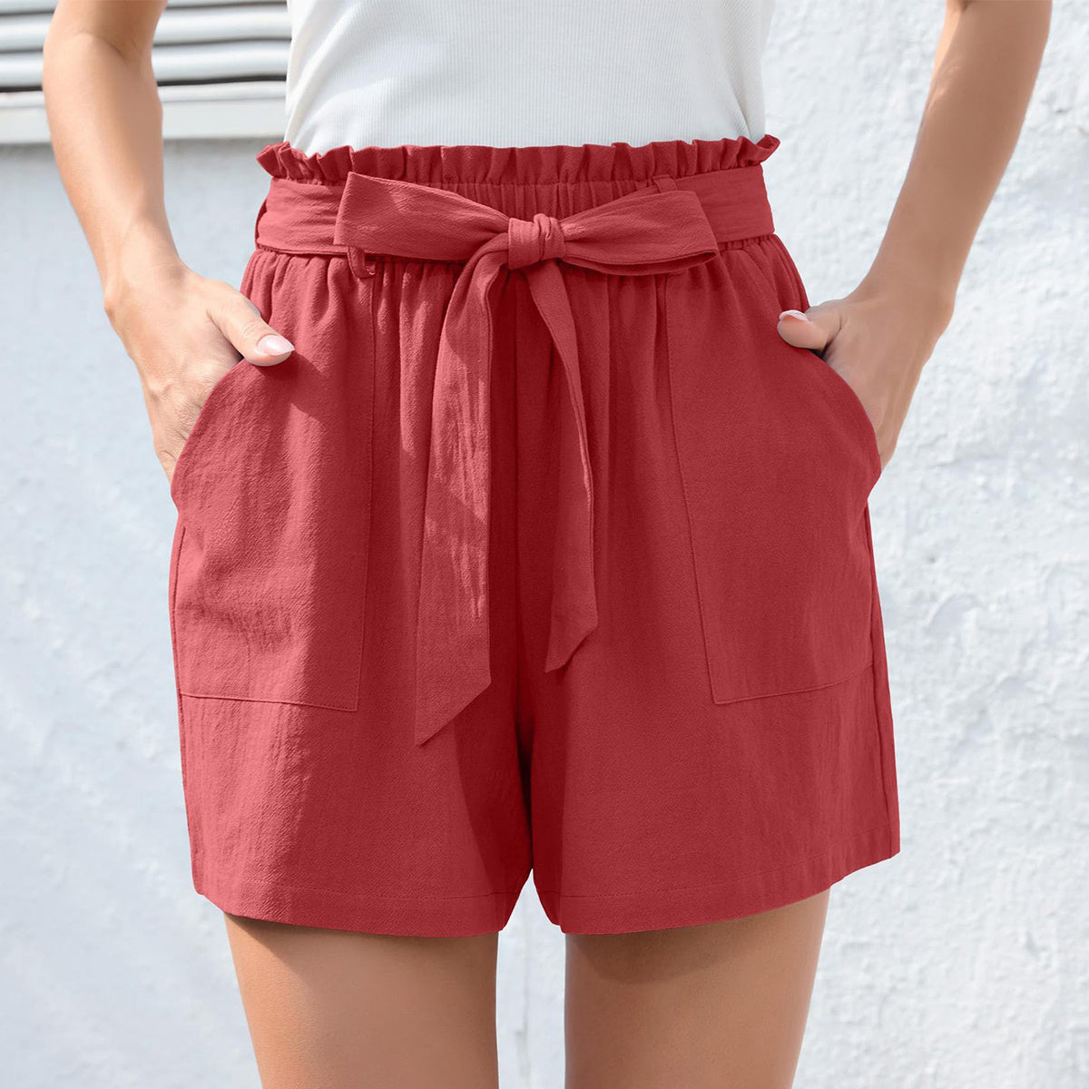 Ruffle Bow Waist Tie Shorts With Pockets