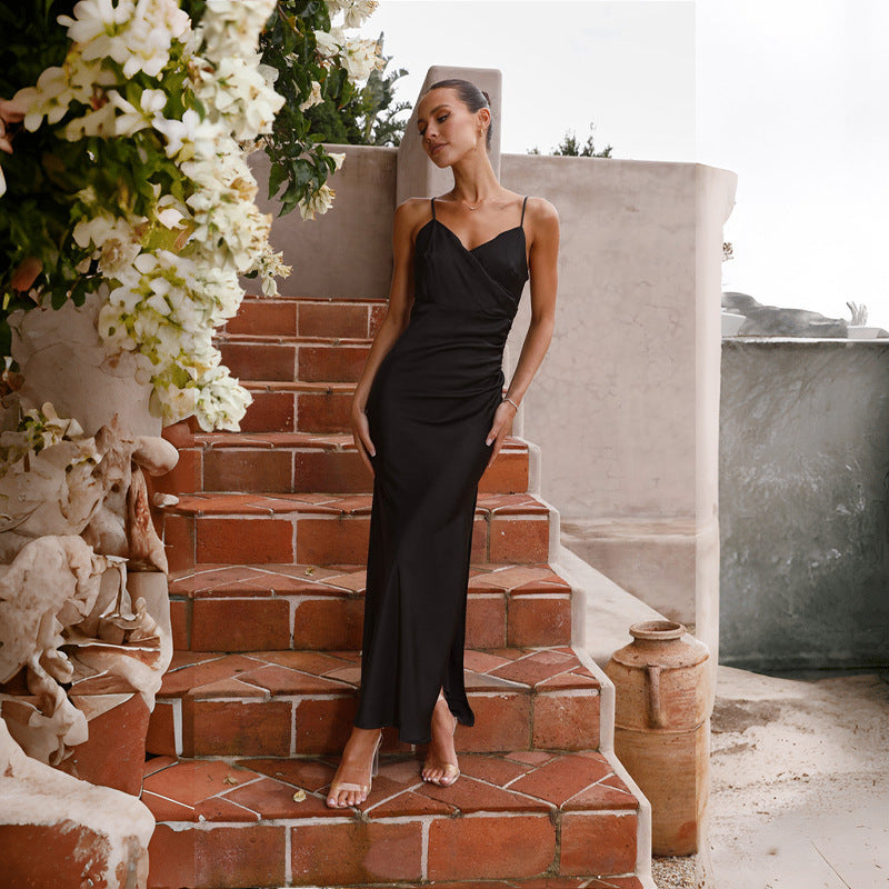 Spaghetti Straps Slit Satin Long Dress Women