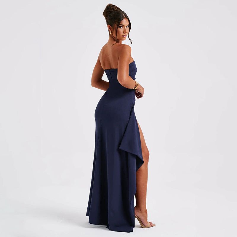 Strapless Pleated Slit Long Dress