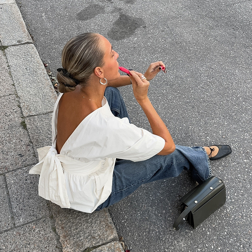 Backless Short Sleeve Top With Bow-tie