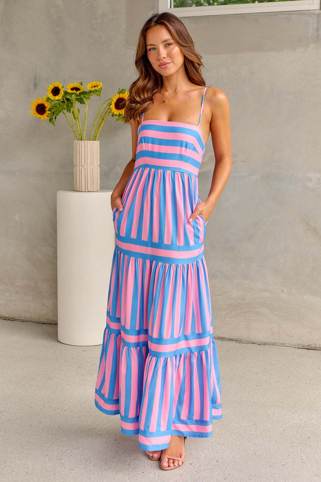 Striped Printed Long Summer Dress With Pockets