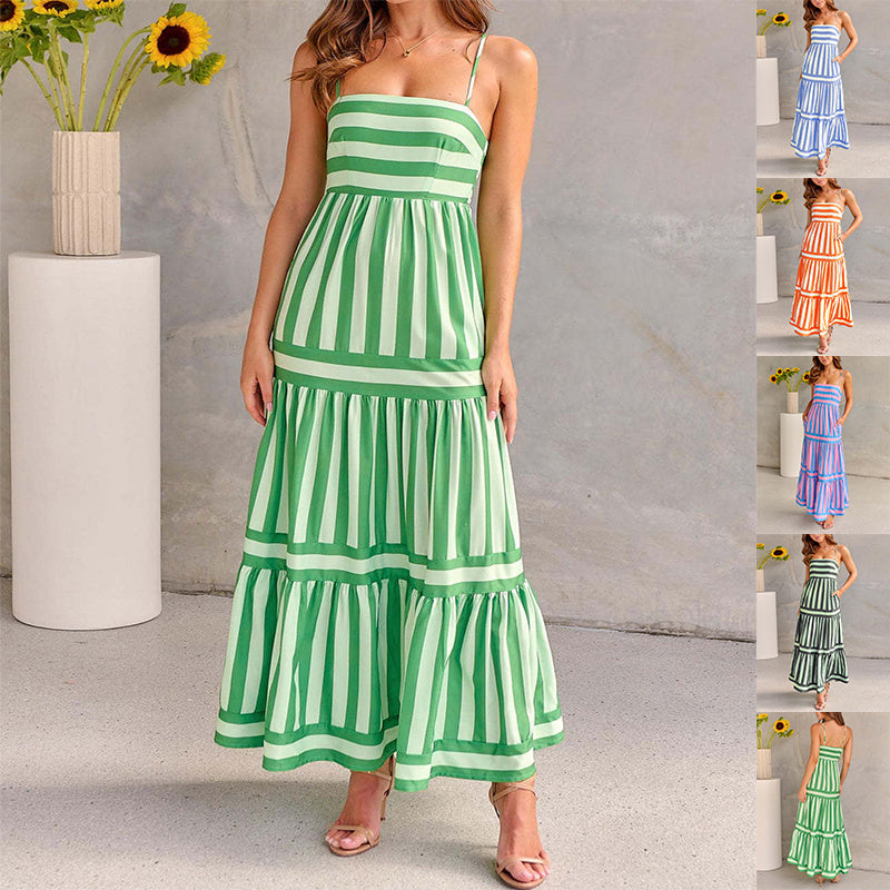 Striped Printed Long Summer Dress With Pockets