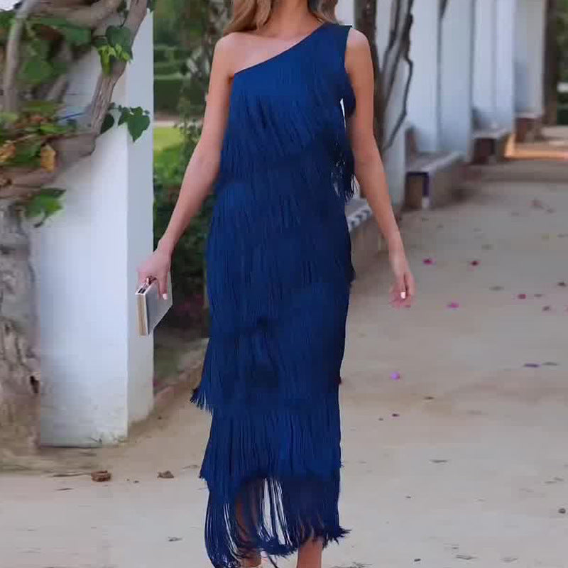 Tassel Tiered One-shoulder Dress