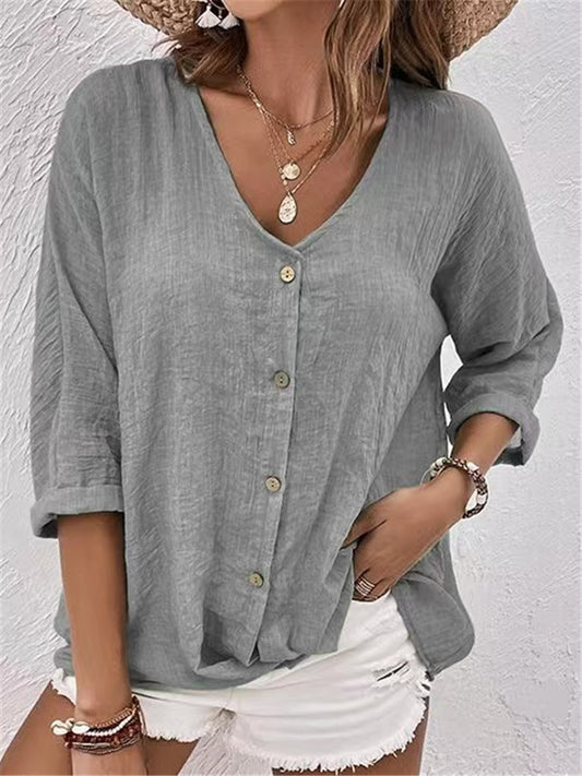 V-neck Button-down Chiffon Long Sleeve Top