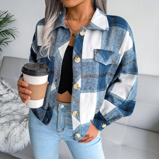 Loose Button Long Sleeve Plaid Lapel Cropped Jacket