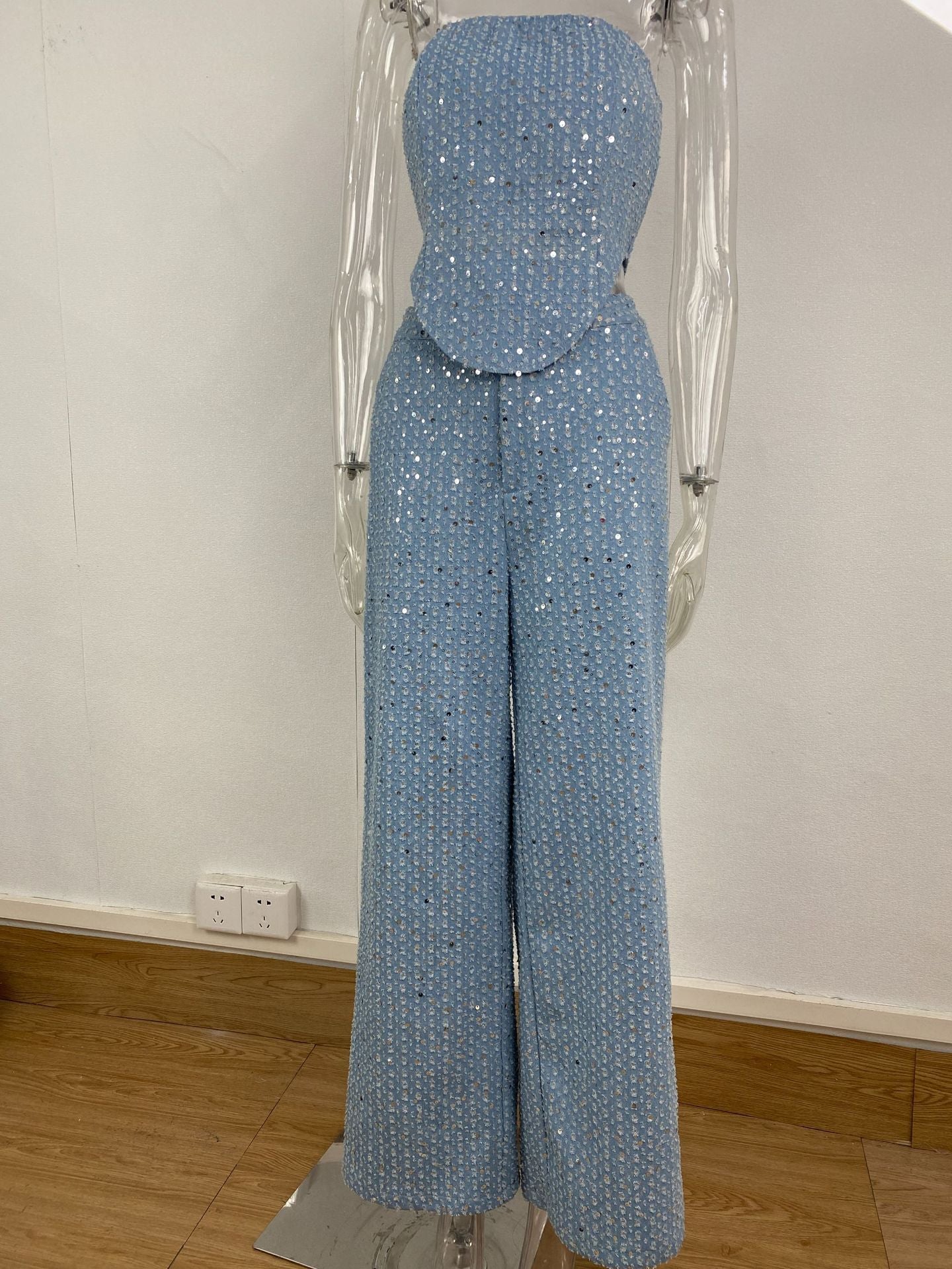 Sexy Denim Sequined Slim-fit Co-ord Set