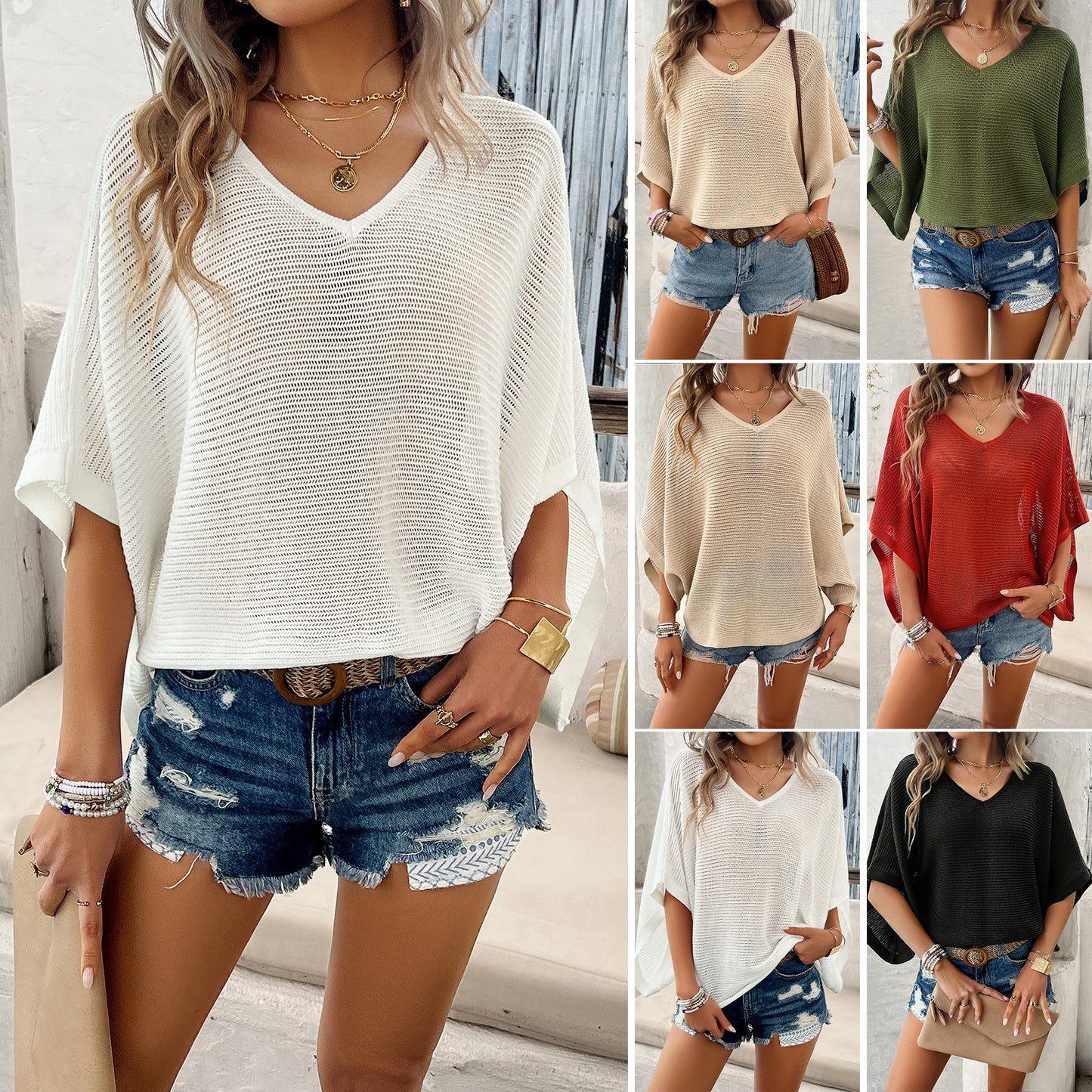 V-neck Bat Sleeve Short-sleeved T-shirt Top