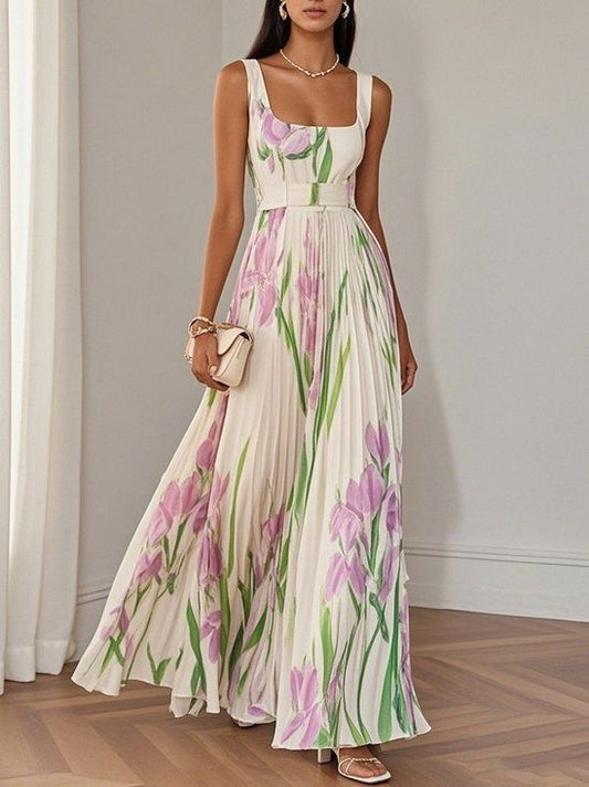 Pleated Floral Printed Long Dress