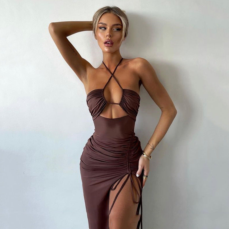 Halterneck Lace-up Ruched Slit Dress
