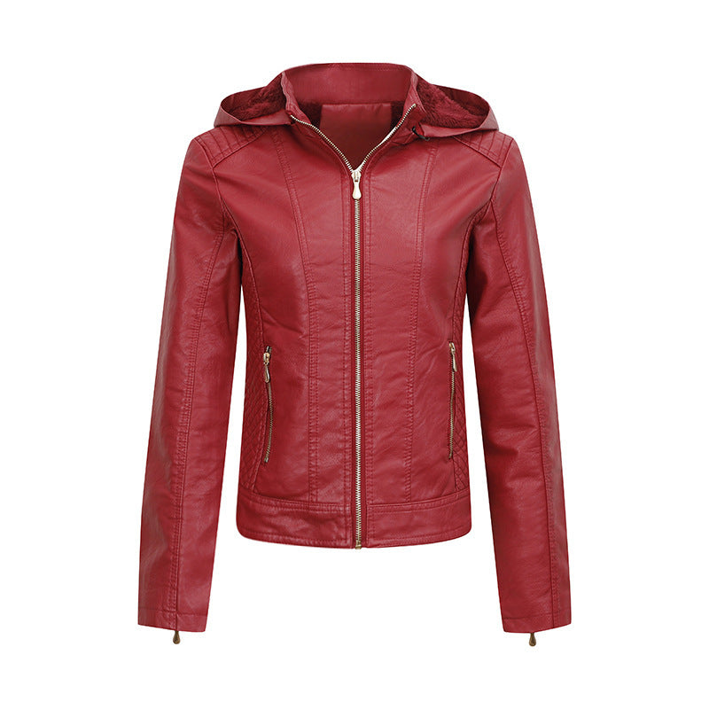 Fleece Lined Hooded Leather Jacket With Pockets