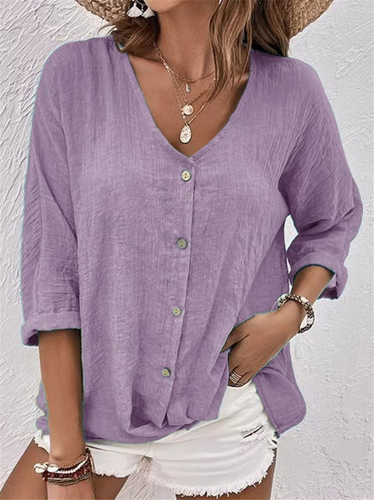 V-neck Button-down Chiffon Long Sleeve Top