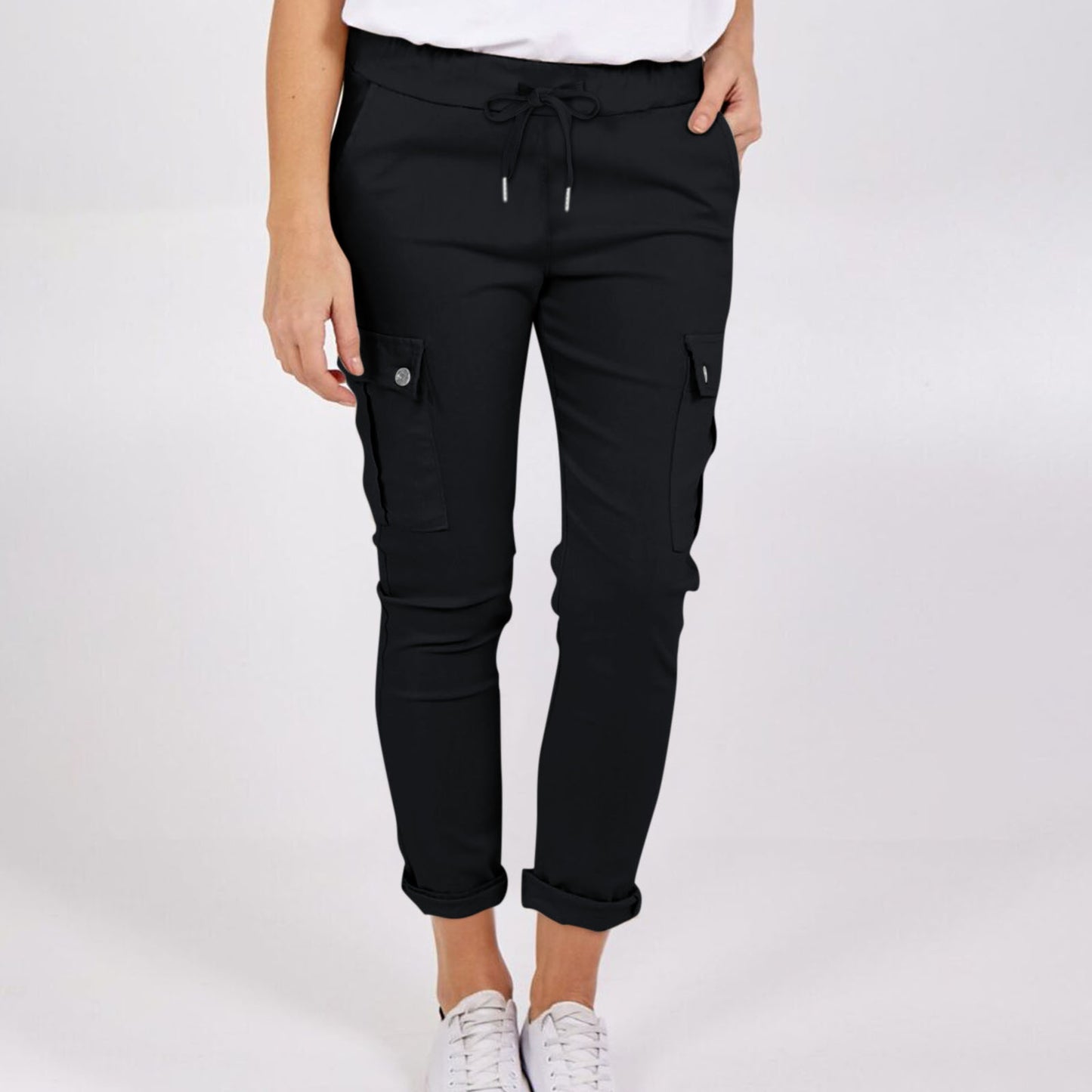 Pencil Casual Cargo Pants With Pockets & Drawstring Waist