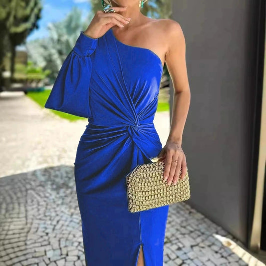 One Shoulder Knot Slit Solid Color Slim Fit Dress