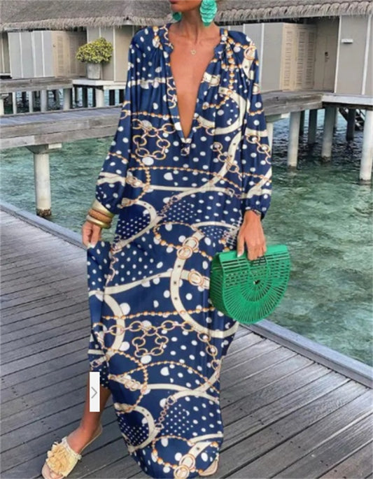 Printed Long Sleeve V-Neck Swing Loose Long Dress