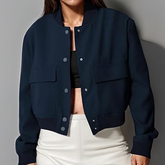Cropped Button Stand-collar Jacket With Big Pockets