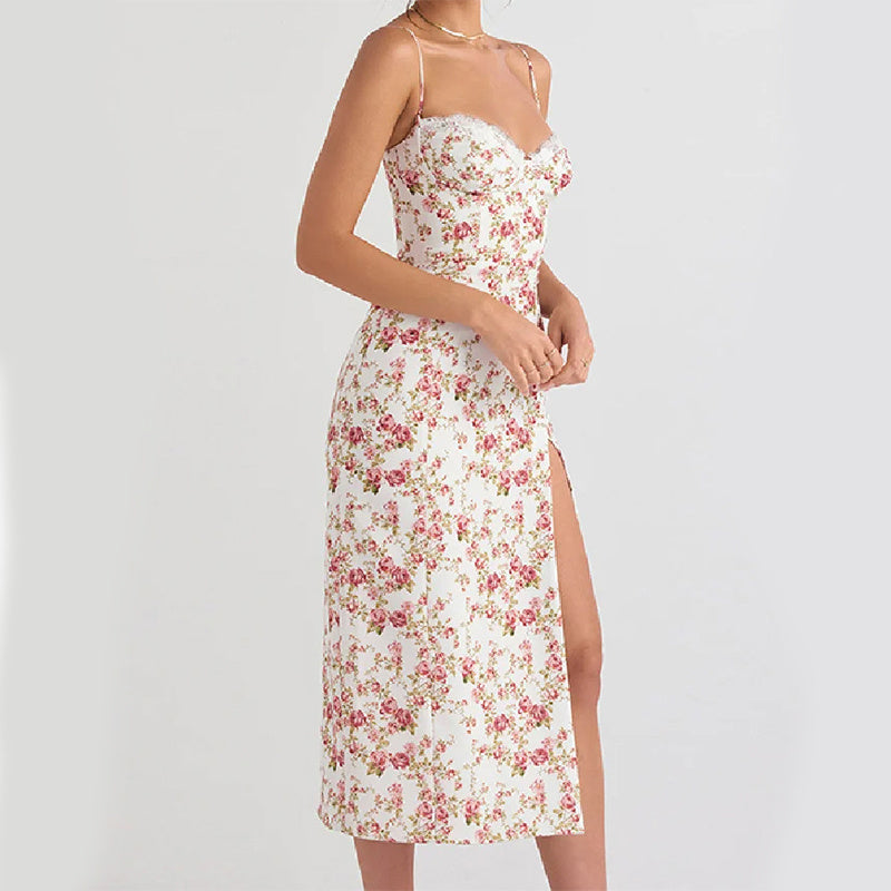 Lace Flowers Print Long Slit Dress