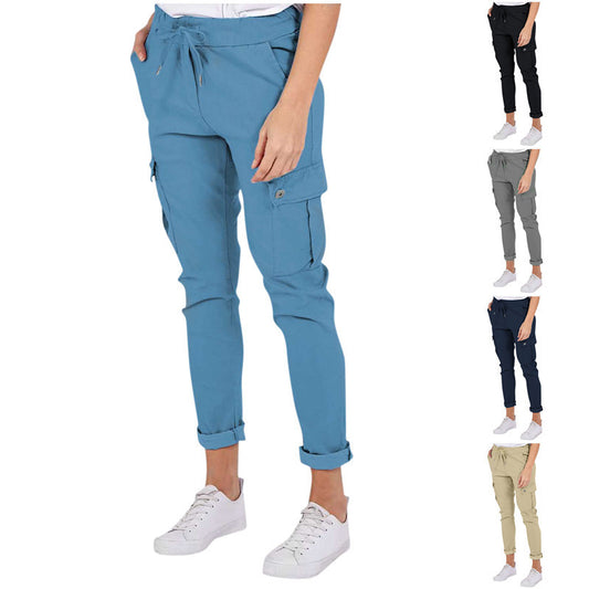 Pencil Casual Cargo Pants With Pockets & Drawstring Waist