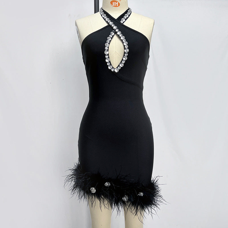 Halter Rhinestone Feather Dress