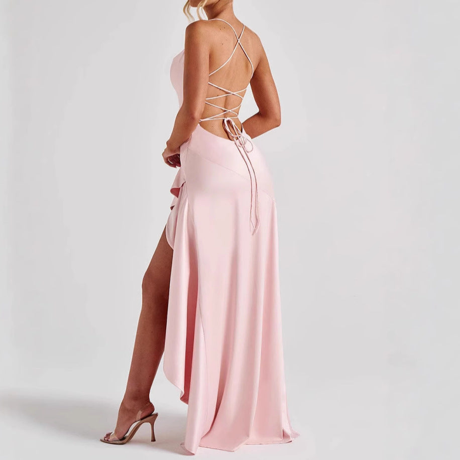 Satin Ruffles Backless Lace-up Dress
